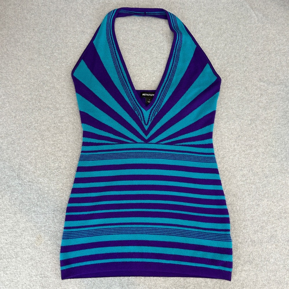PrettyLittleThing Halter Dress Purple Blue Striped Knit Bodycon Women Medium
